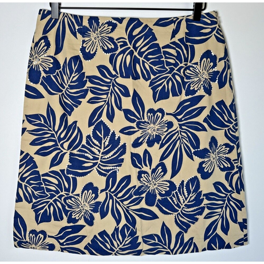 Talbots Skirt Womens 12 Tan‎ Navy Floral Sequins Tropical Aloha Stretch Cotton